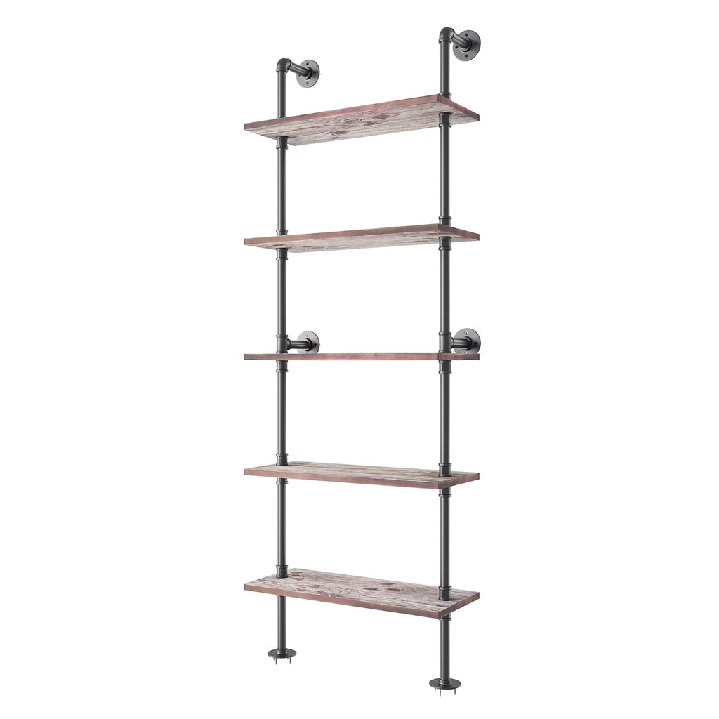 5 Tier Solid Wood Industrial Pipe Ladder Shelf J1033