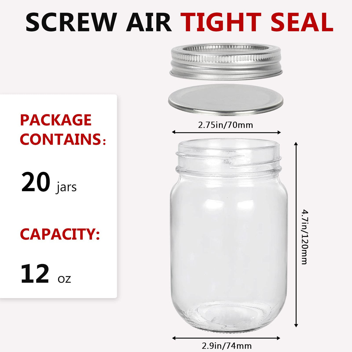 12 oz Glass Mason Jar, 20 Pack Canning Jars with Lids A86360