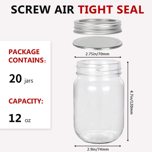 12 oz Glass Mason Jar, 20 Pack Canning Jars with Lids A86360