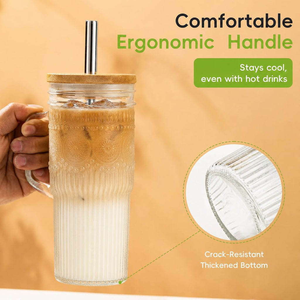 24 oz Glass Tumbler with Bamboo Lid and Handle Y43489