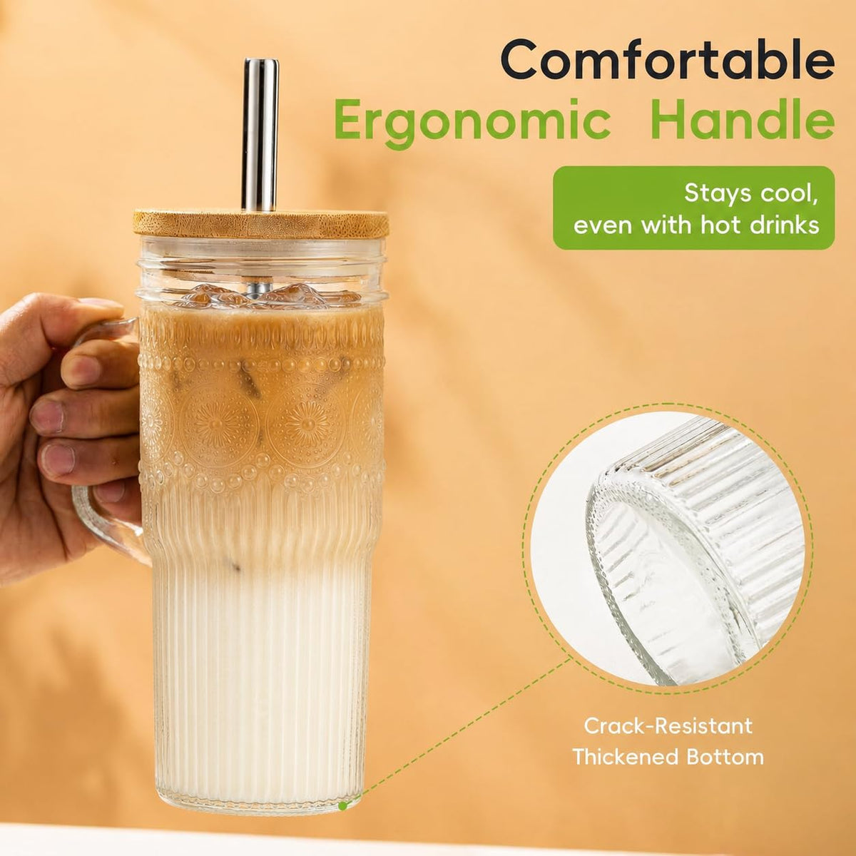 24 oz Glass Tumbler with Bamboo Lid and Handle Y43489