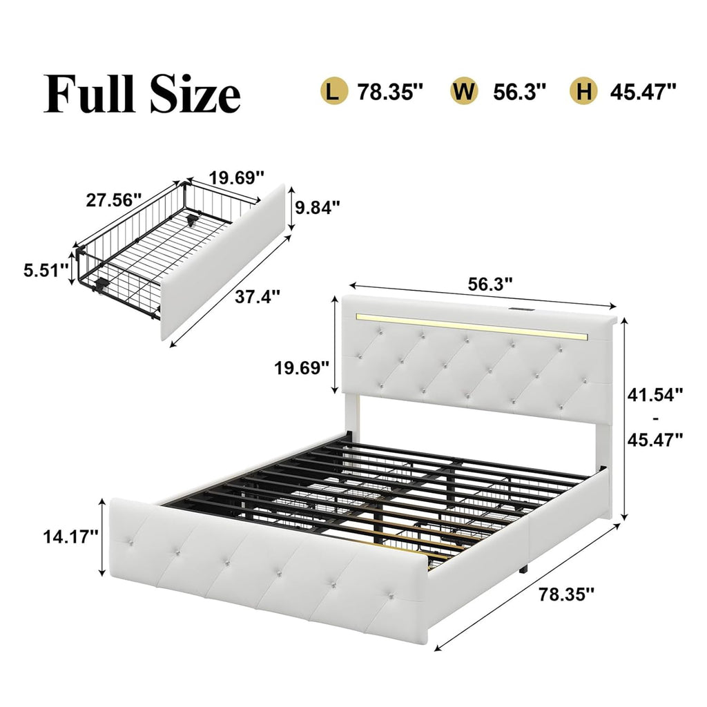 White PU Upholstered Full Size Bed Frame with 4 Storage Drawers O906776