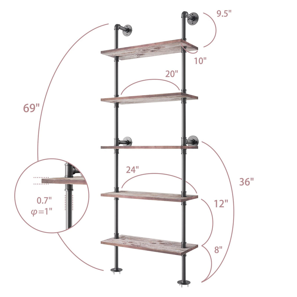 5 Tier Solid Wood Industrial Pipe Ladder Shelf J1033