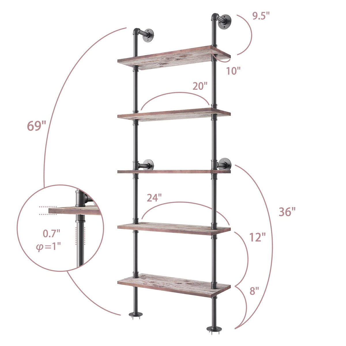 5 Tier Solid Wood Industrial Pipe Ladder Shelf J1033