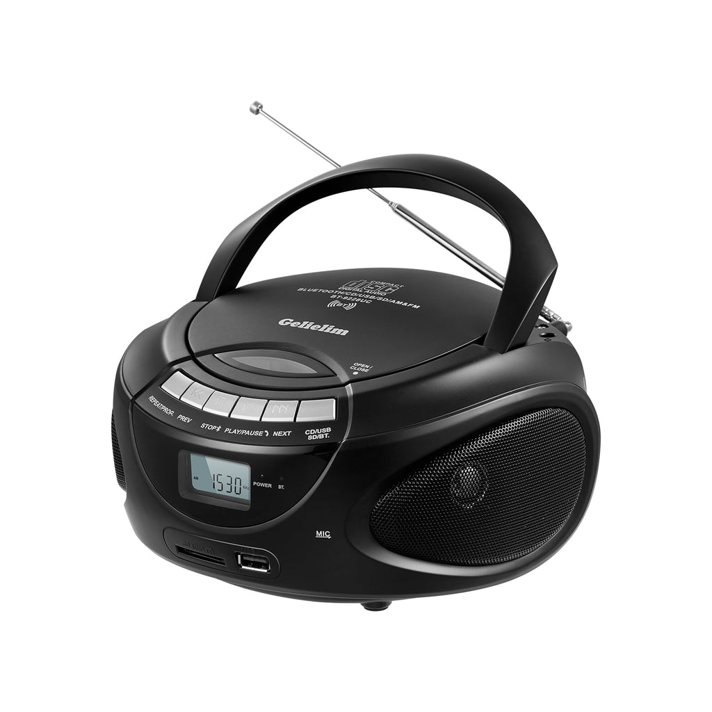 Portable CD Boombox with AM/FM Radio, Bluetooth, USB, SD Card, LCD Display, Black N3939