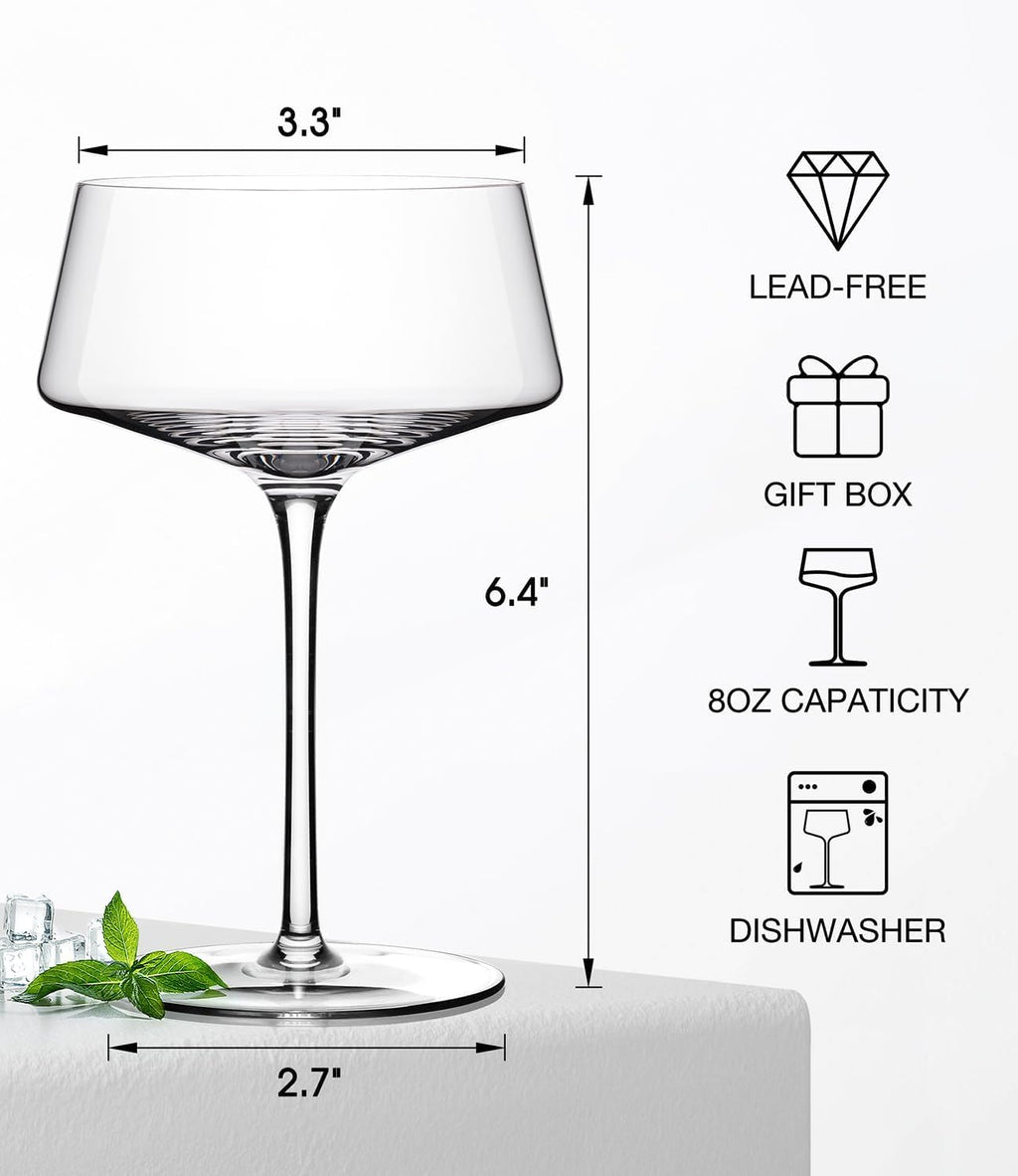 Hand Blown Martini Glasses Set of 4, 8 oz Crystal Cocktail Glass K459