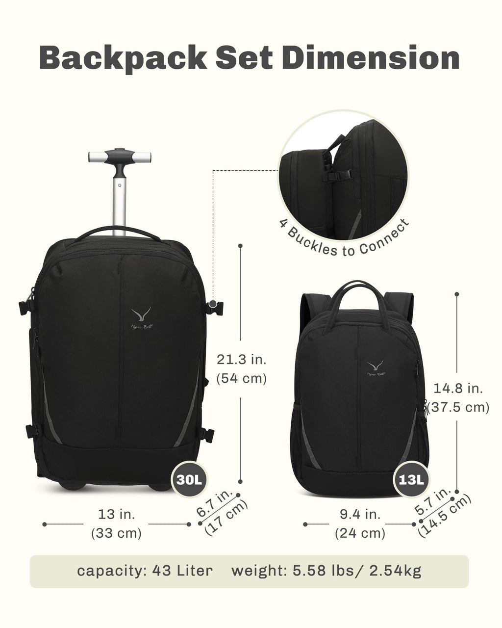 Rolling Backpack with Wheels 43L with Waist Pack Beige K3926