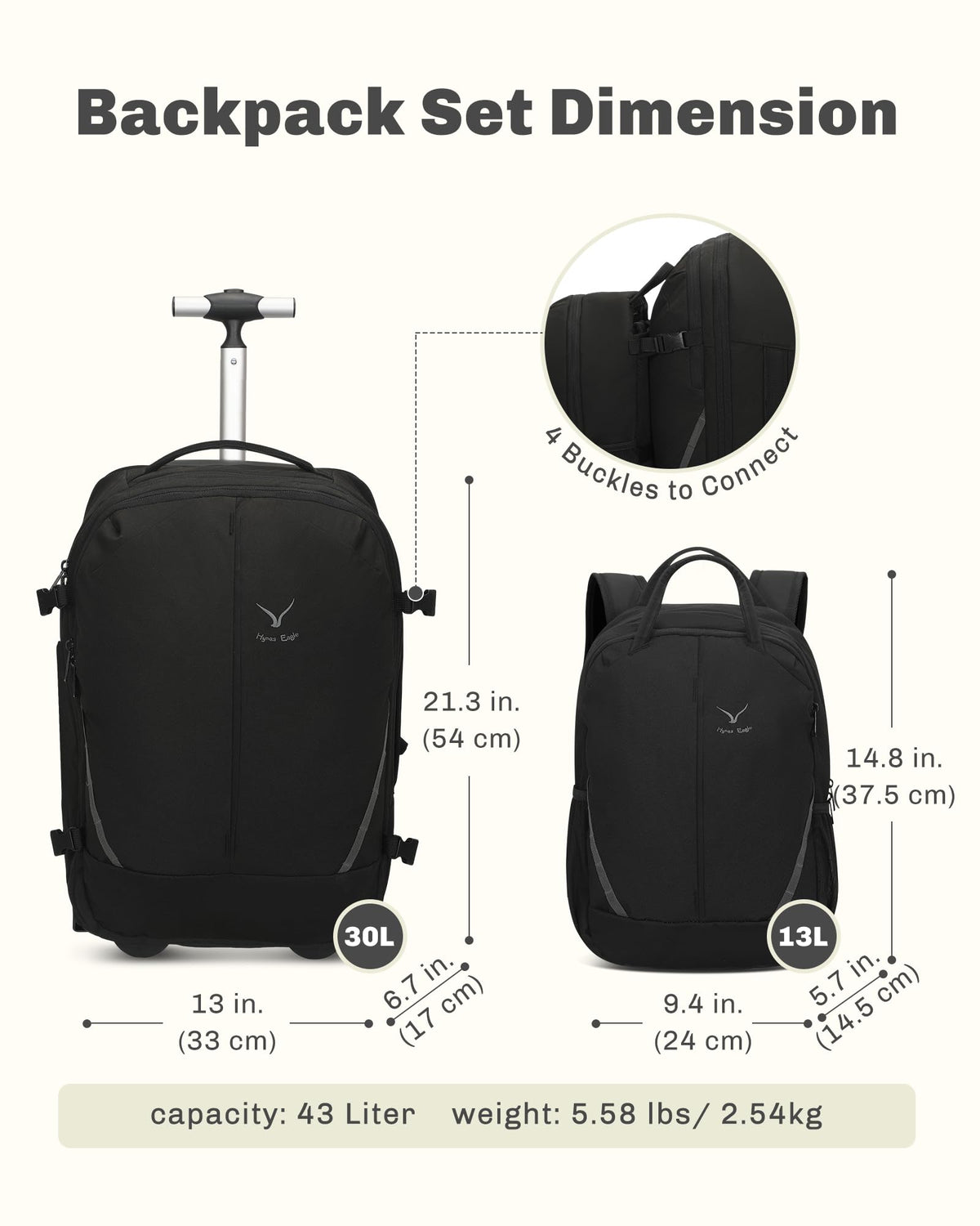 Rolling Backpack with Wheels 43L with Waist Pack Beige K3926