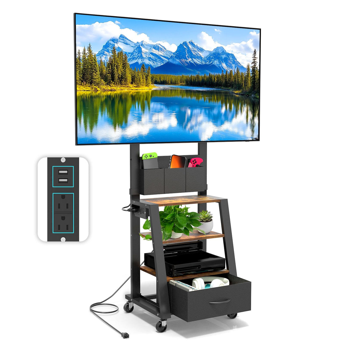 Rolling TV Stand with Power Outlet & 4-Tier Storage for 23-60 Inch Flat/Curved Screen E999