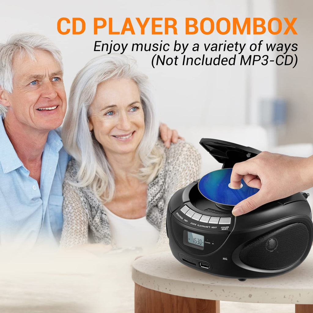 Portable CD Boombox with AM/FM Radio, Bluetooth, USB, SD Card, LCD Display, Black N3939