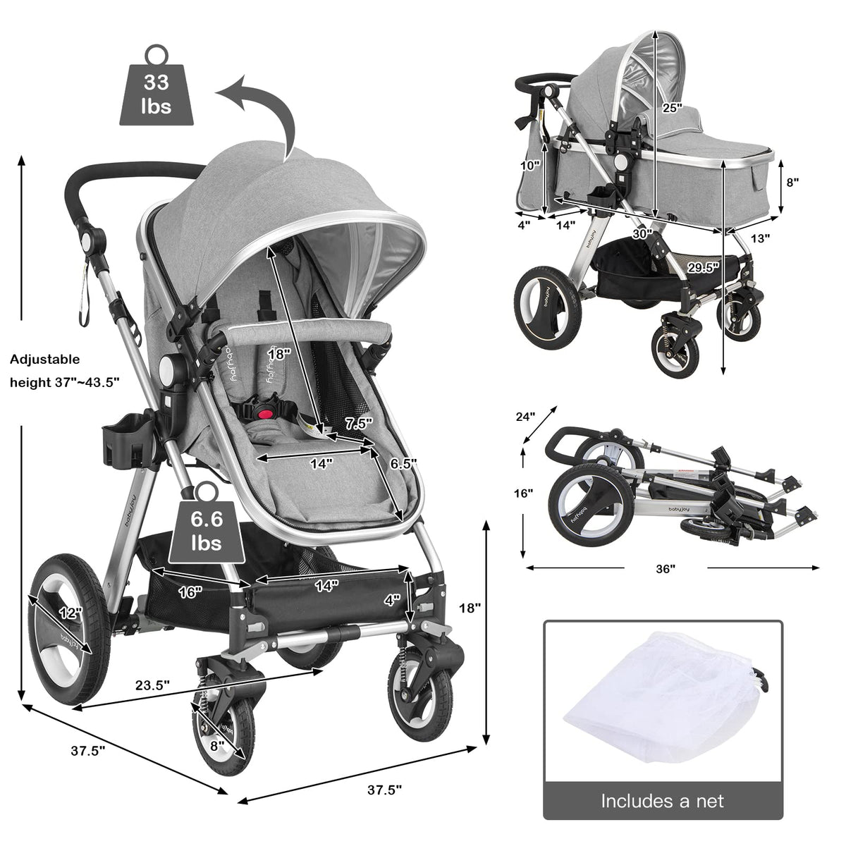 2-in-1 Convertible Bassinet Reclining Stroller A438146