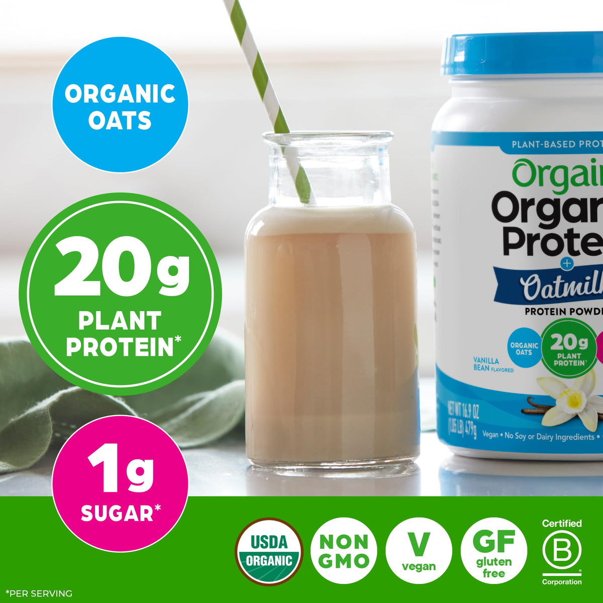 Organic Vegan Protein Powder + Oat Milk, Vanilla Bean, 20g Plant Based Protein, 1.05lb F570814