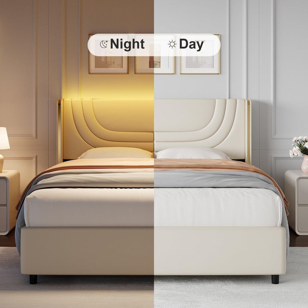 Full Size Bed Frame with LED Lights and Wingback Headboard G230562