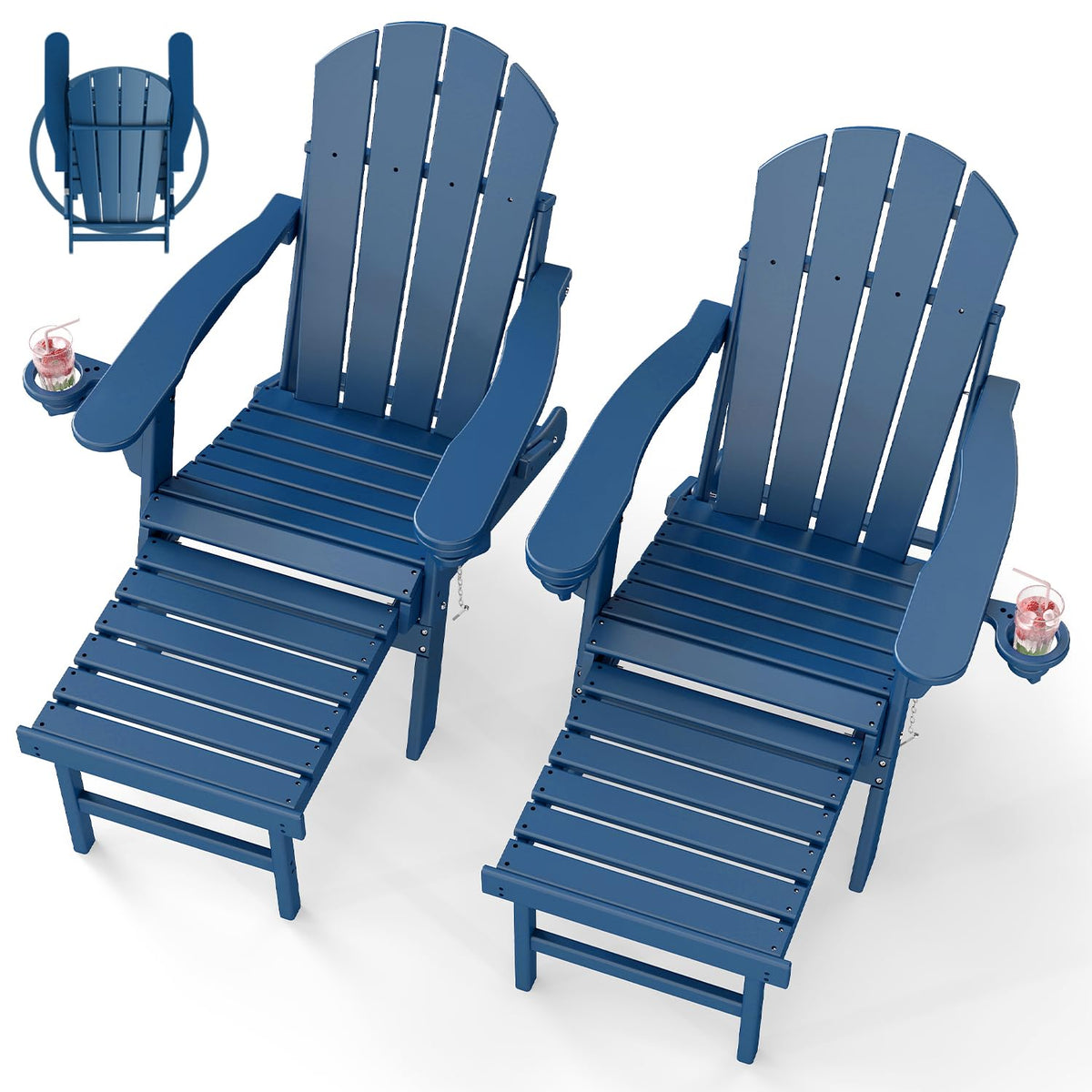 Set of 2 Blue Folding HDPE Plastic Adirondack Chairs with Pull-Out Footrest U6773