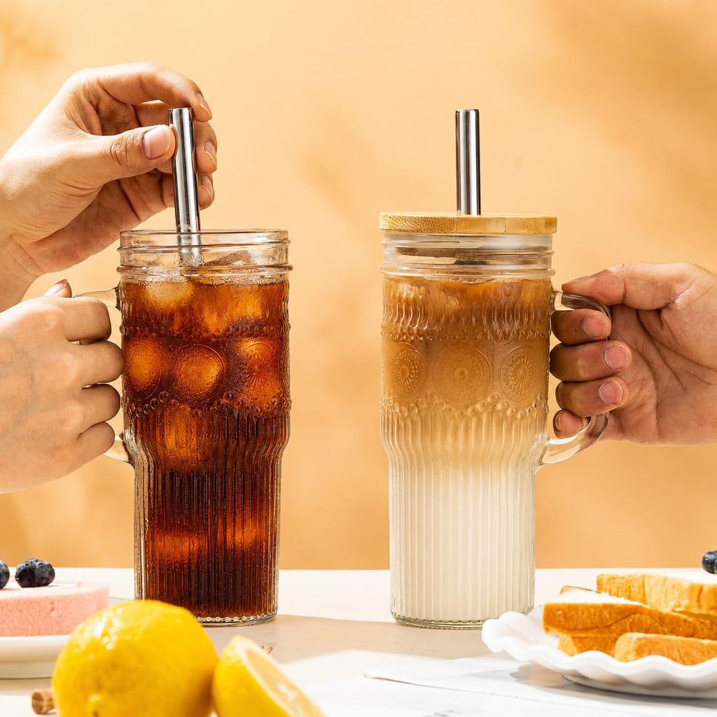 24 oz Glass Tumbler with Bamboo Lid and Handle Y43489
