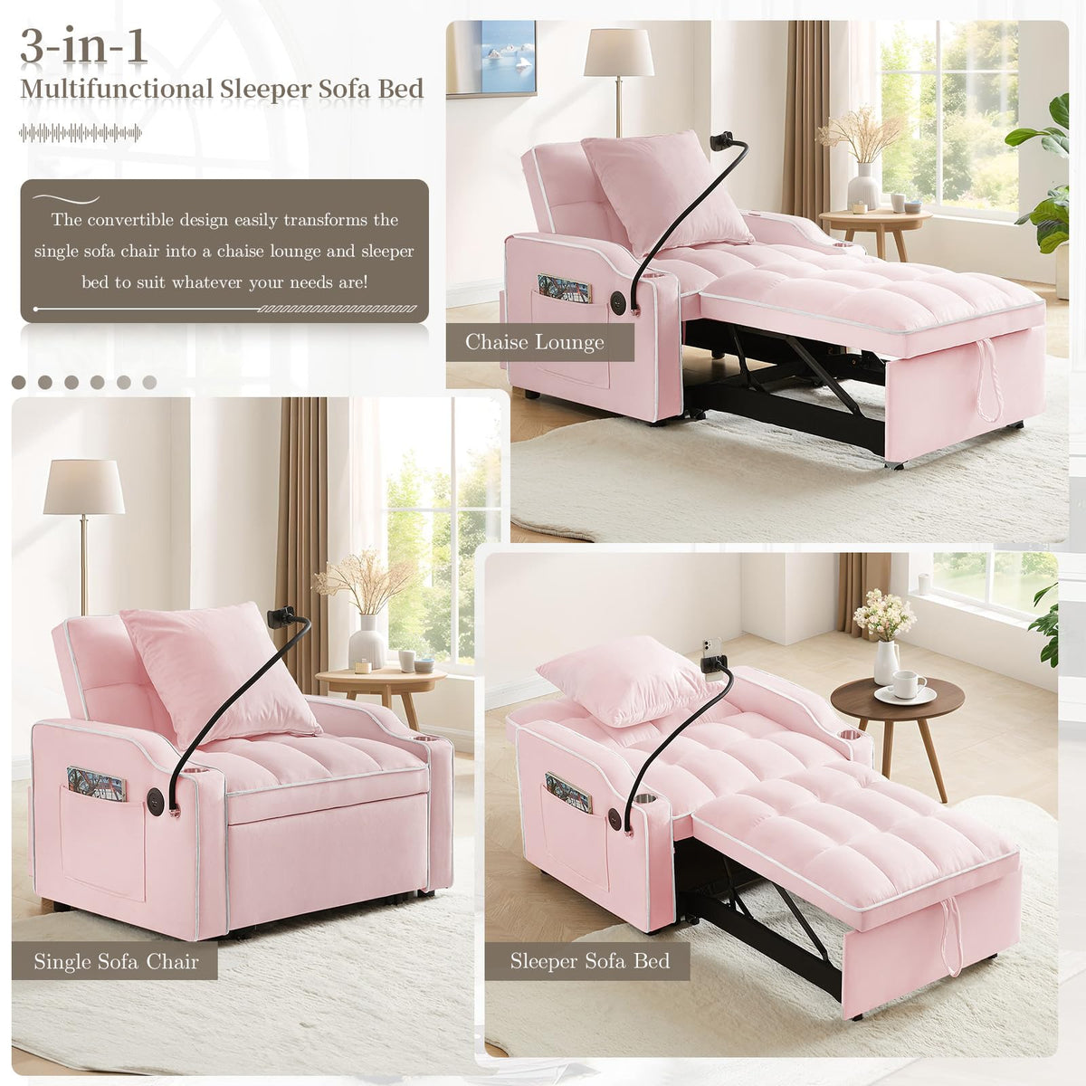 Pink Velvet Convertible Sleeper Chair Bed T864111