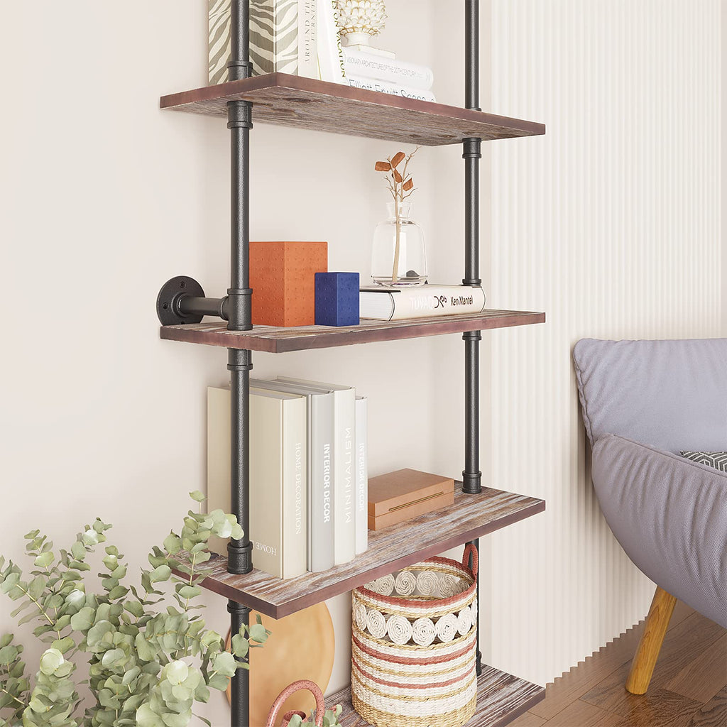 5 Tier Solid Wood Industrial Pipe Ladder Shelf J1033