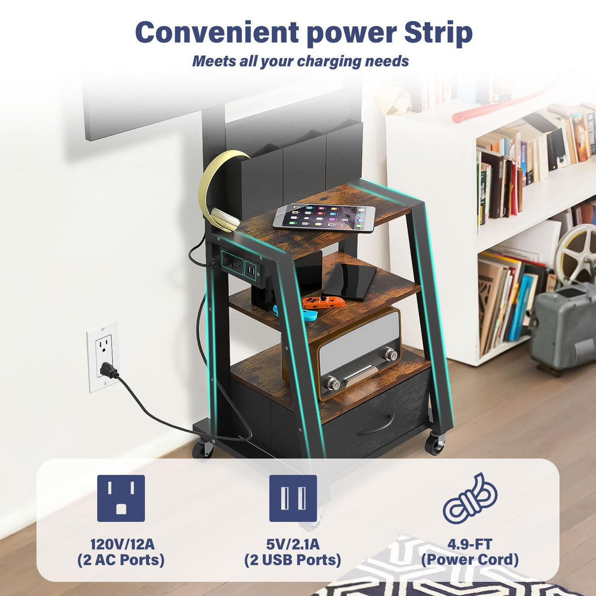 Rolling TV Stand with Power Outlet & 4-Tier Storage for 23-60 Inch Flat/Curved Screen E999
