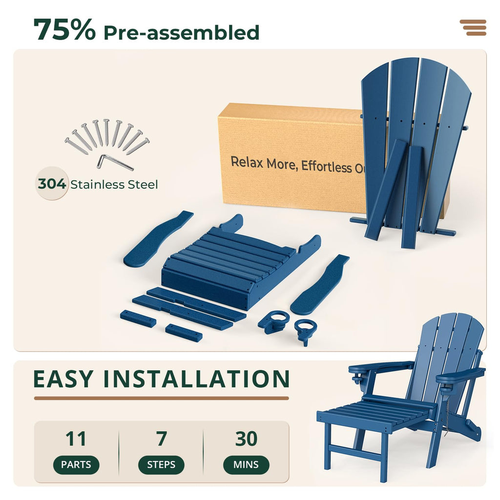 Set of 2 Blue Folding HDPE Plastic Adirondack Chairs with Pull-Out Footrest U6773