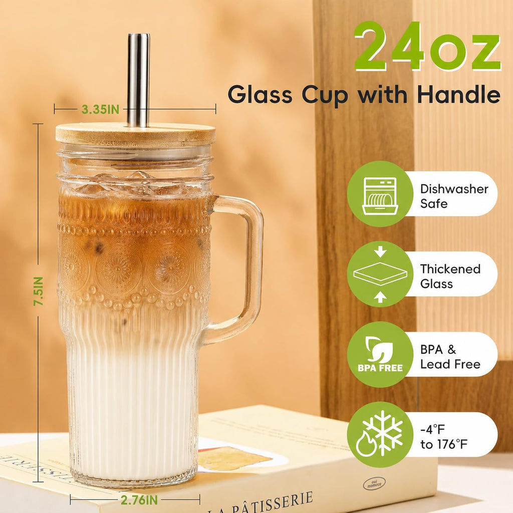 24 oz Glass Tumbler with Bamboo Lid and Handle Y43489