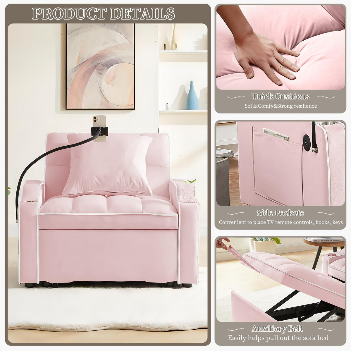 Pink Velvet Convertible Sleeper Chair Bed T864111