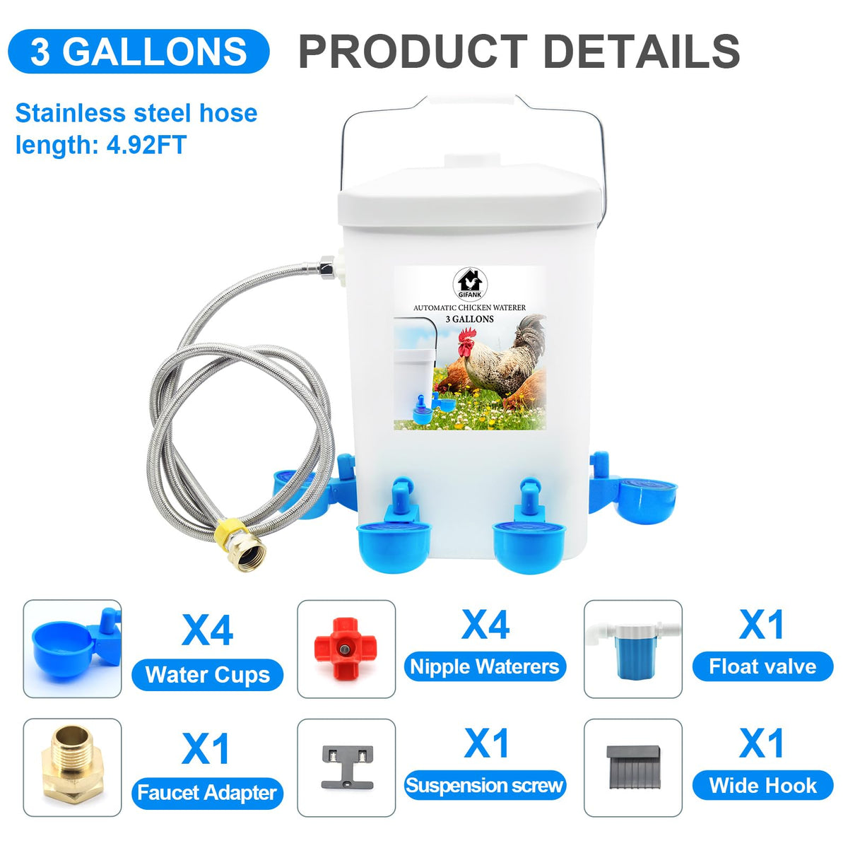 3 Gallons Automatic Poultry Waterer with Hose Attachment V206