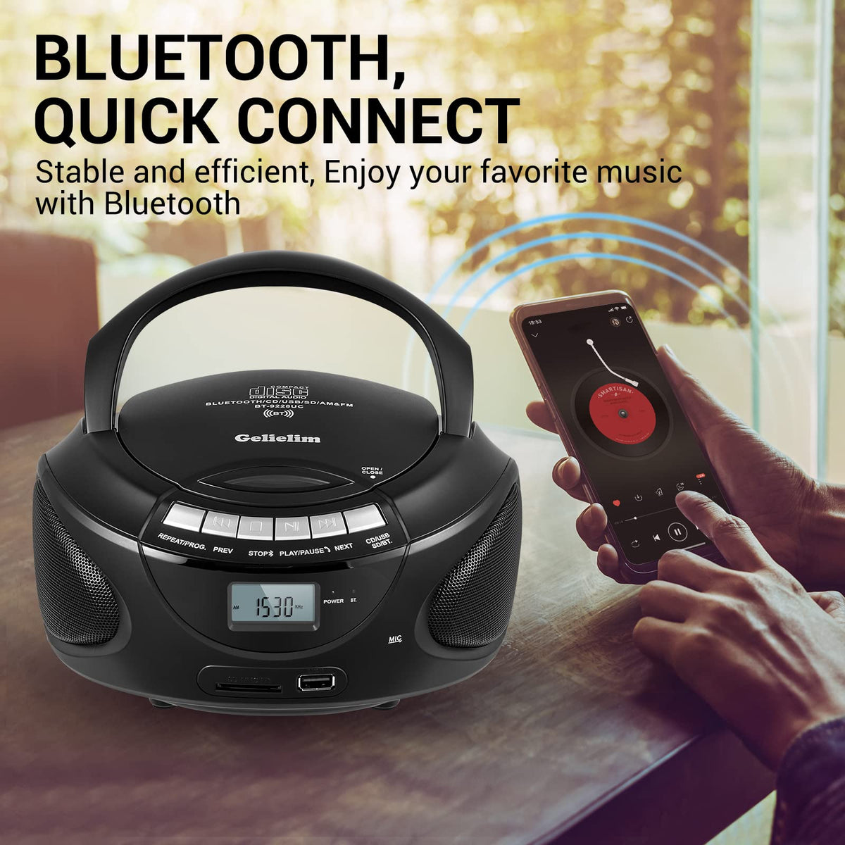 Portable CD Boombox with AM/FM Radio, Bluetooth, USB, SD Card, LCD Display, Black N3939