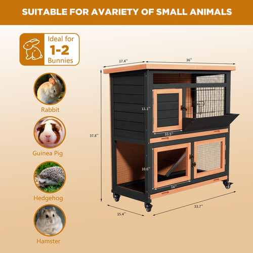 2-Story Wooden Rabbit Hutch Guinea Pig Cage with Wheels I784