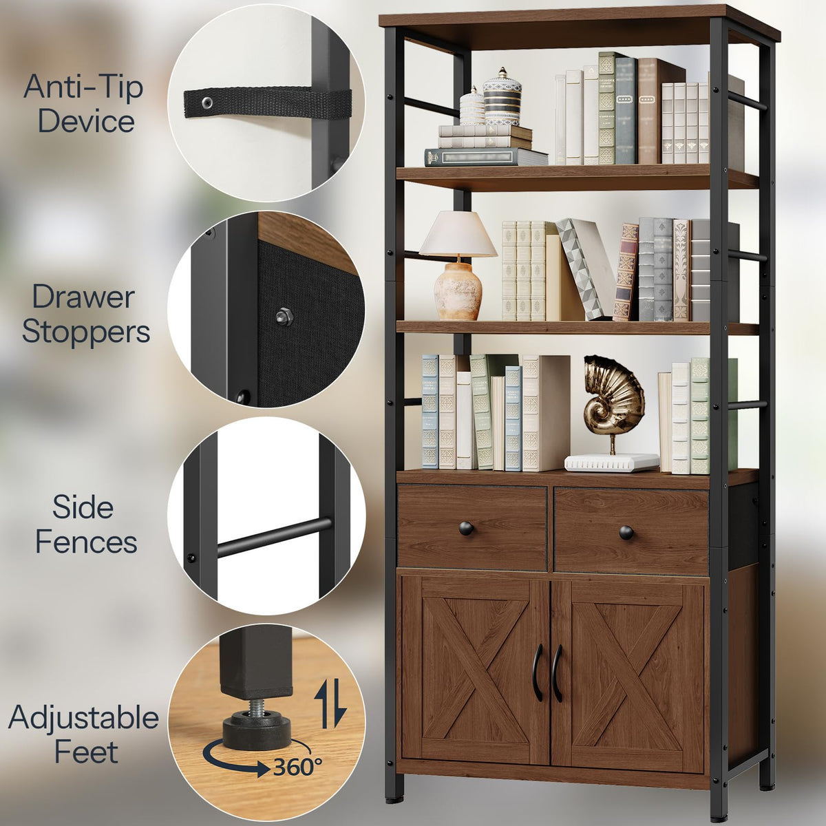 Wooden and Metal Bookshelf with Doors and Drawers Y938
