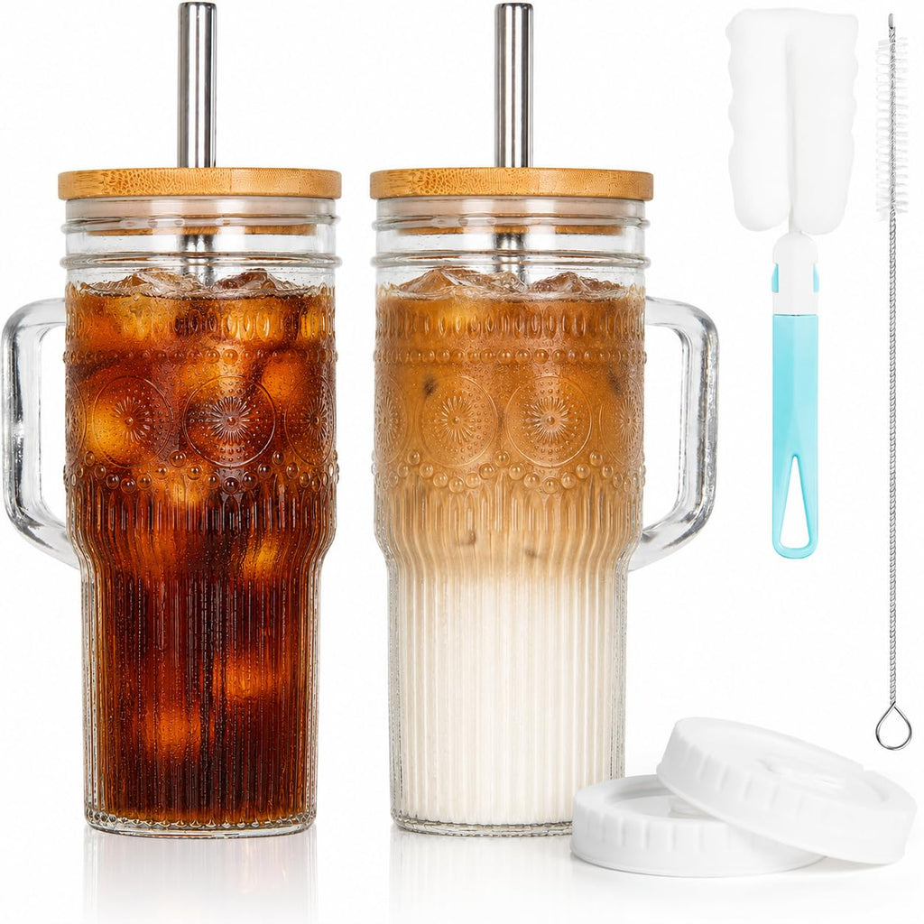 24 oz Glass Tumbler with Bamboo Lid and Handle Y43489