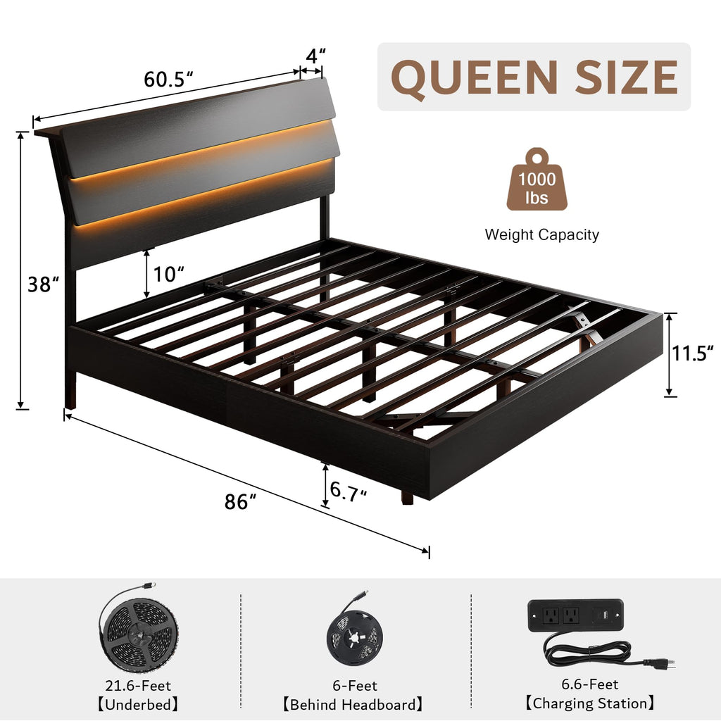 Queen Floating Bed Frame with LED Lights & Charging Station U72570