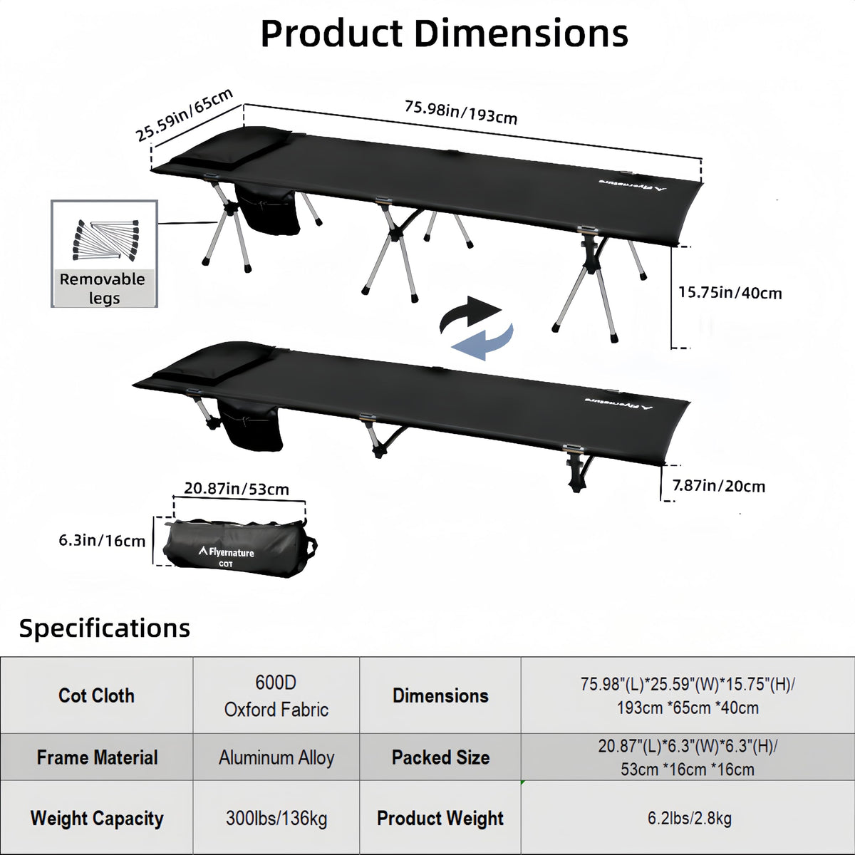Lightweight Foldable Camping Cot 300 lbs Capacity H7543