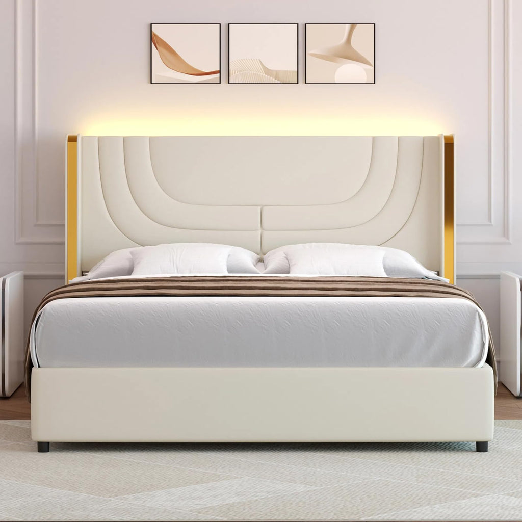 Full Size Bed Frame with LED Lights and Wingback Headboard G230562