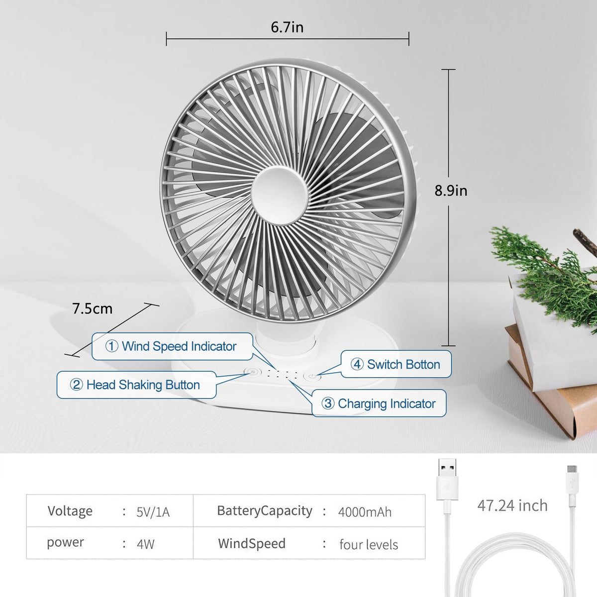 4000mAh Rechargeable Oscillating Desk Fan White V6358