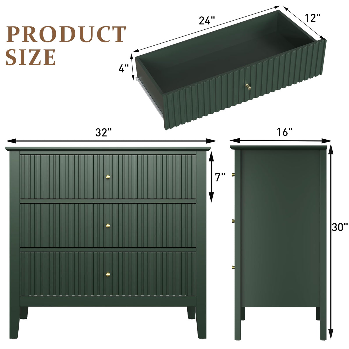 32" Dark Green 3 Drawer Nightstand Set of 2 I80047