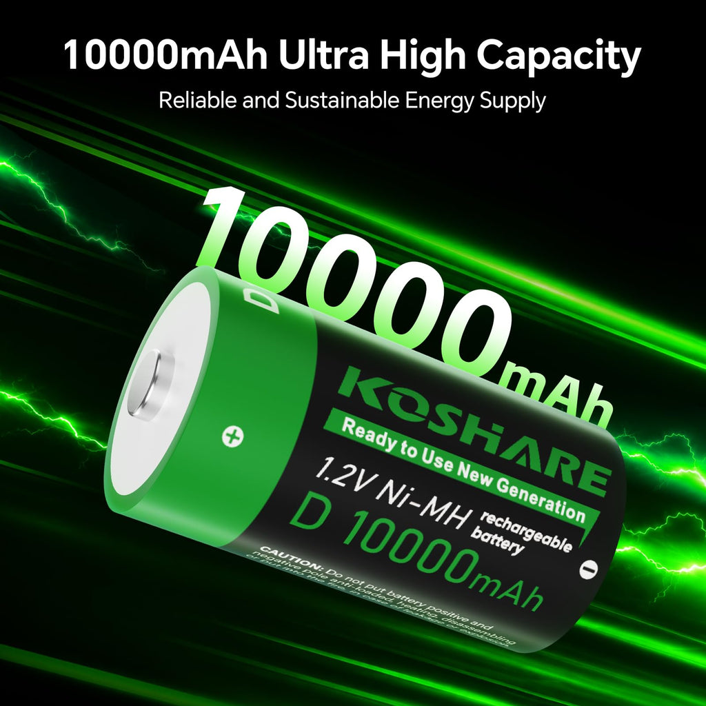 4 Pack 10000mAh Rechargeable NiMH D Cell Batteries with Charger Z951770