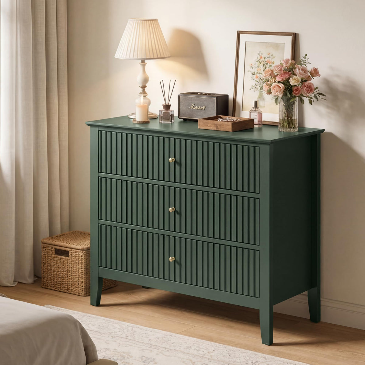 32" Dark Green 3 Drawer Nightstand Set of 2 I80047