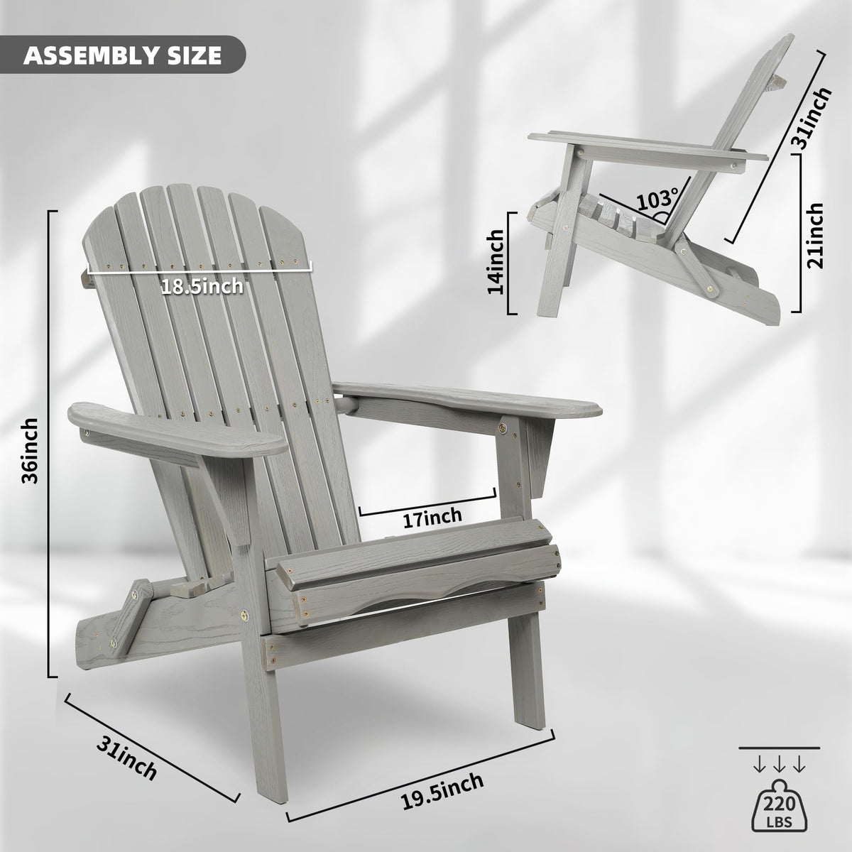 Folding Adirondack Chair Set of 2 Solid Cedar Wood Gray L32382