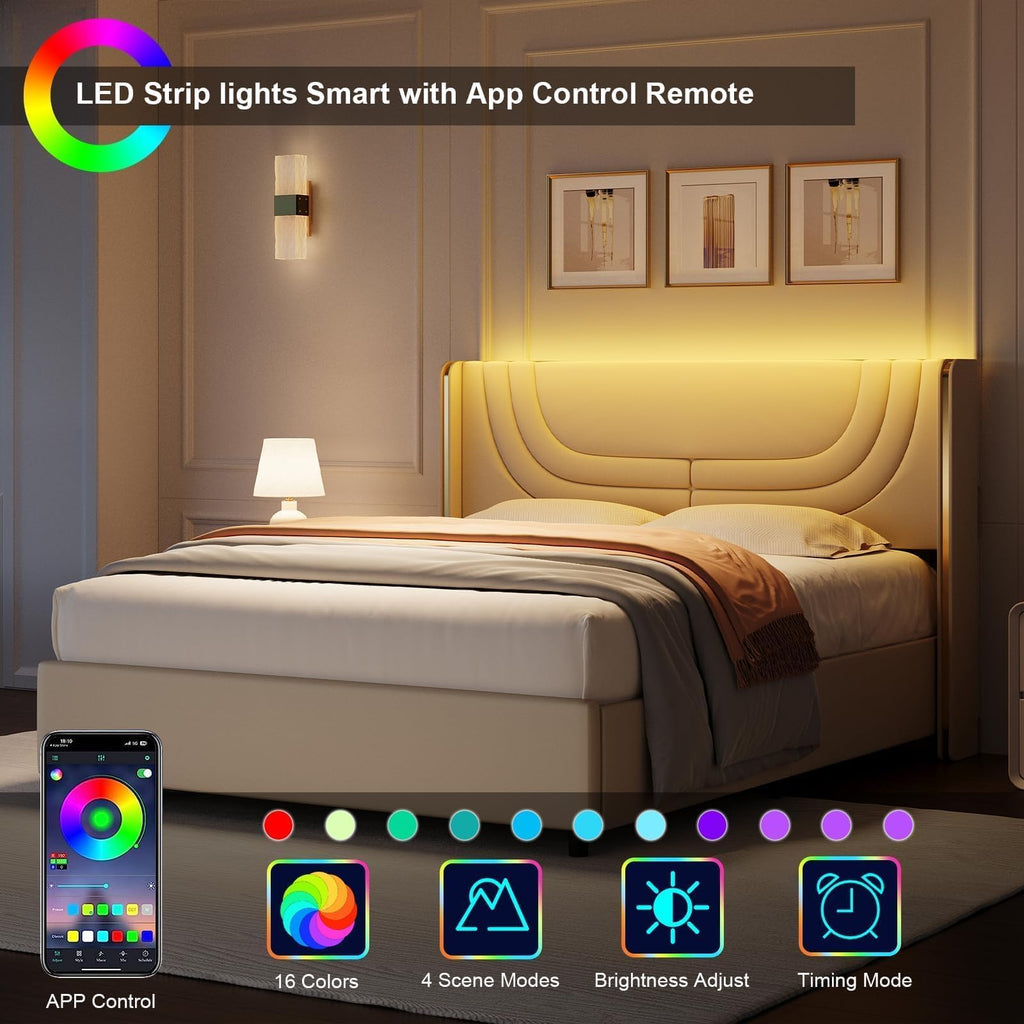 Full Size Bed Frame with LED Lights and Wingback Headboard G230562