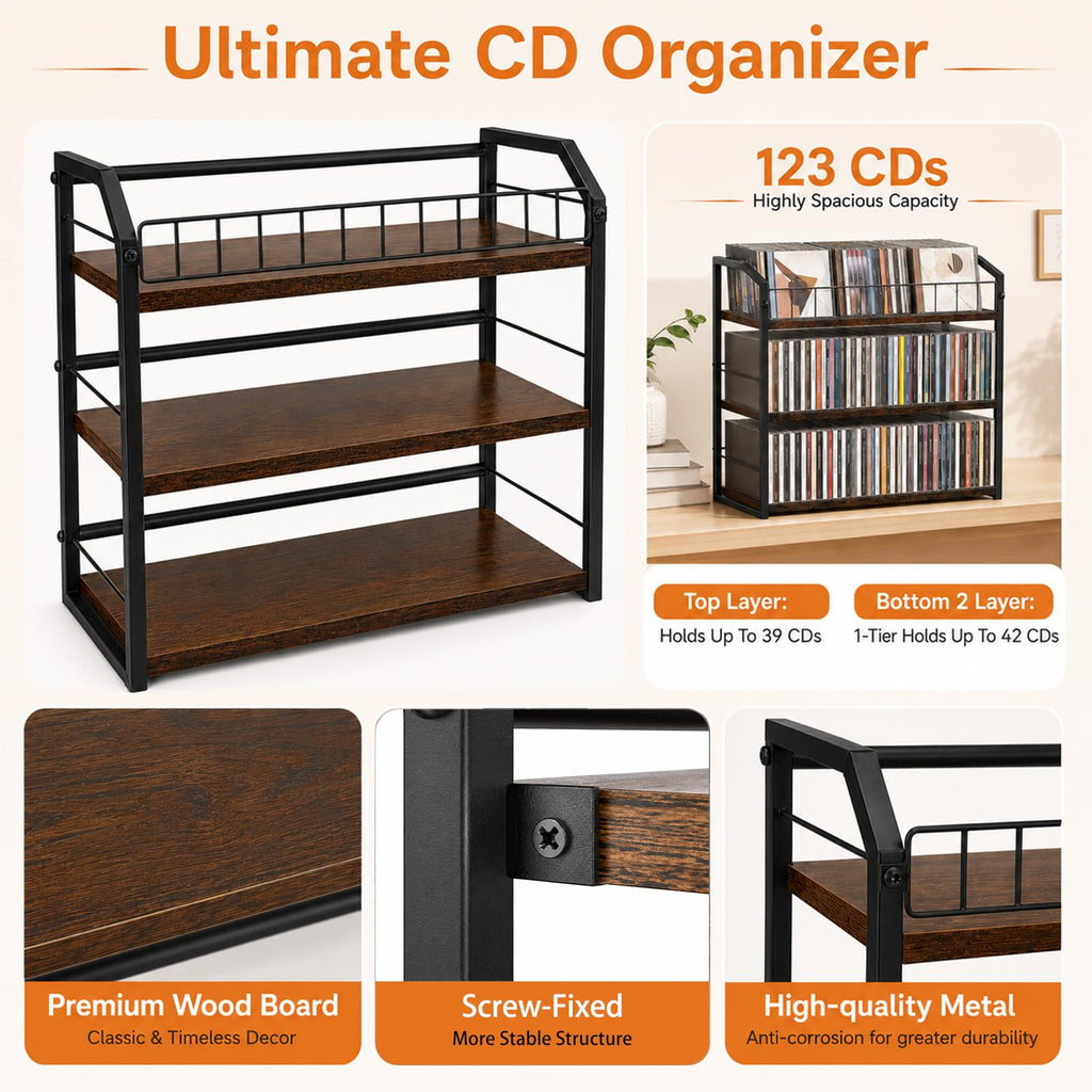 3-Tier Metal and Wood CD Storage Rack T33470