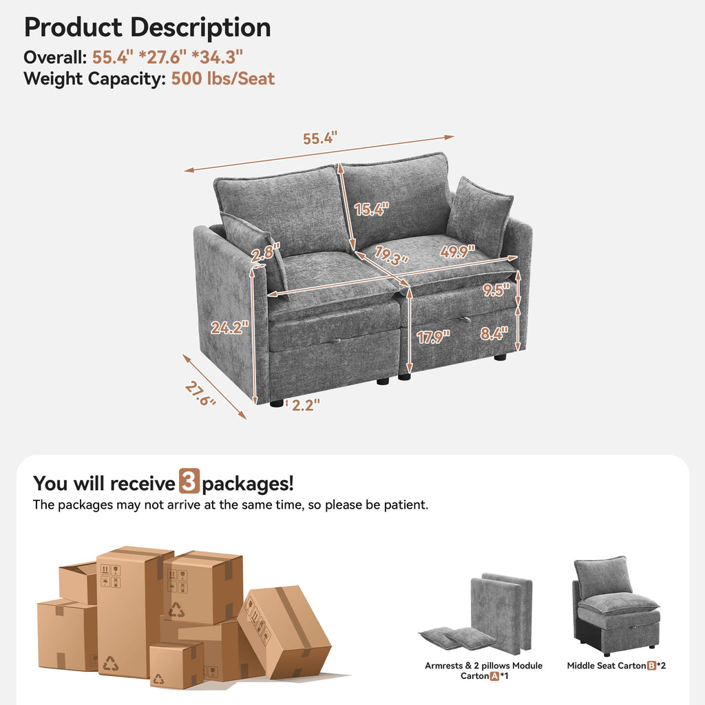 Light Grey Chenille 2 Seater Loveseat Sofa with Storage I799