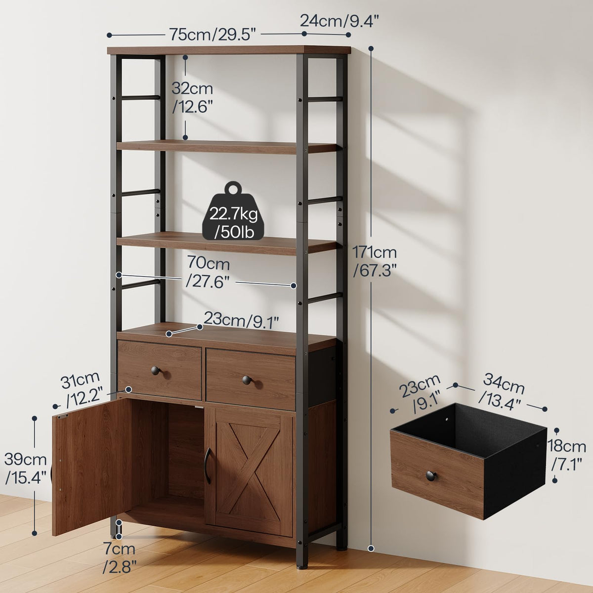 Wooden and Metal Bookshelf with Doors and Drawers Y938