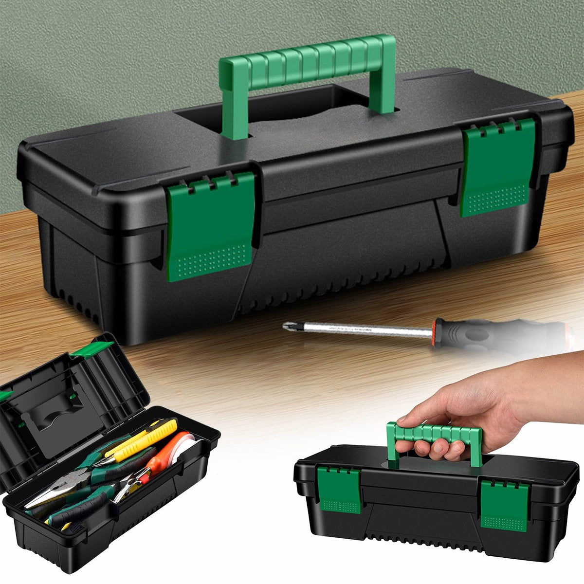 10-Inch Plastic Toolbox with Removable Tray and Double Lock D377
