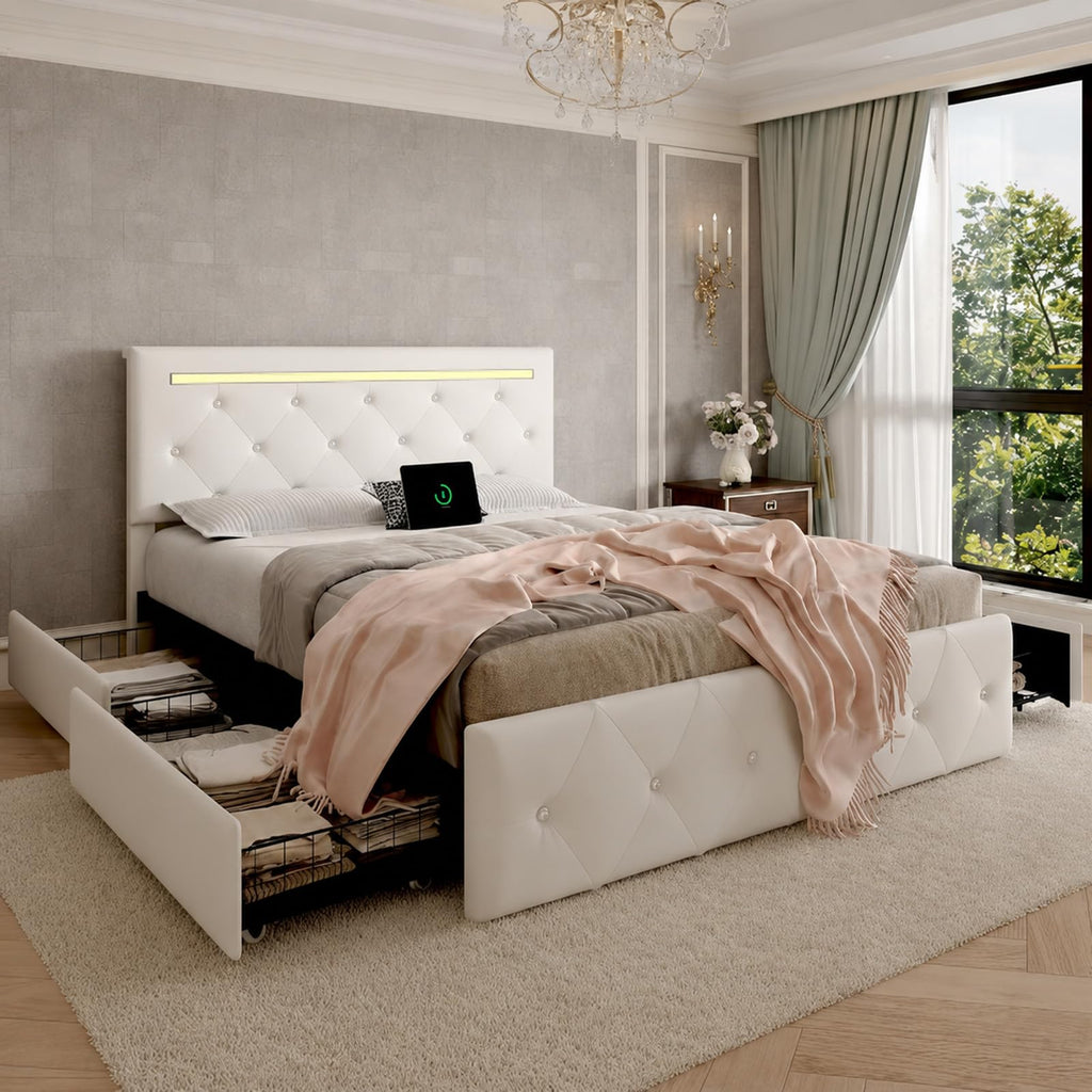 White PU Upholstered Full Size Bed Frame with 4 Storage Drawers O906776