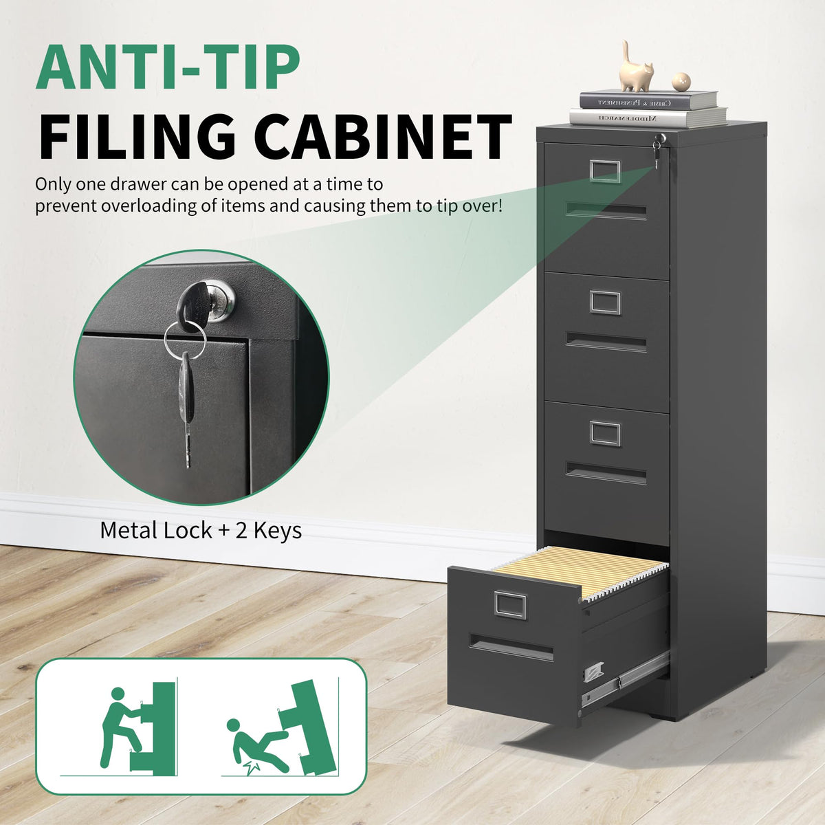 Black 4 Drawer Steel File Cabinet with Lock S41505