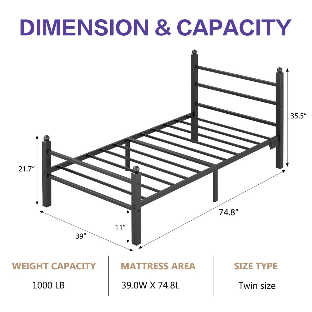 Black Twin Bed Frame with LED Lights and Charging Station K425