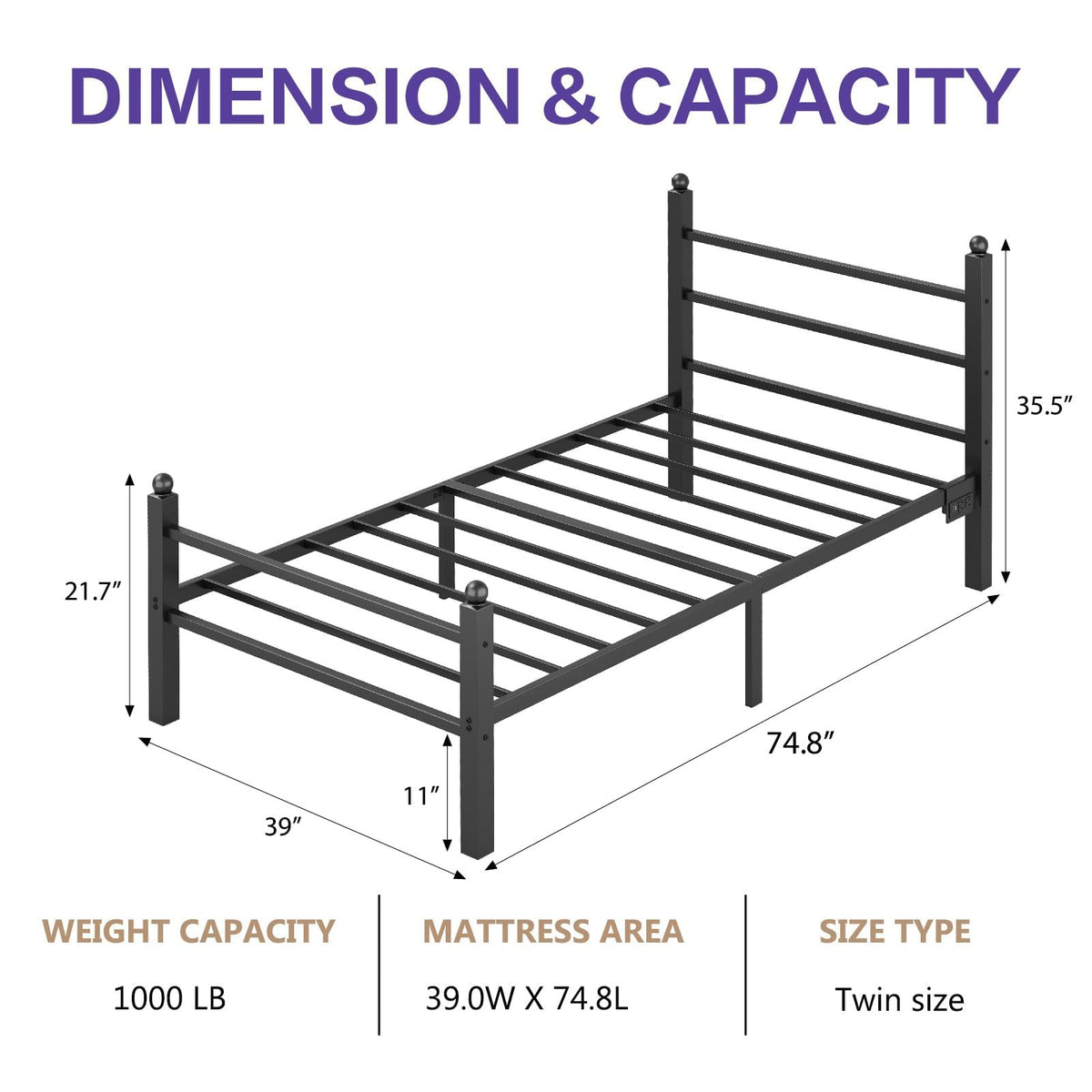 Black Twin Bed Frame with LED Lights and Charging Station K425
