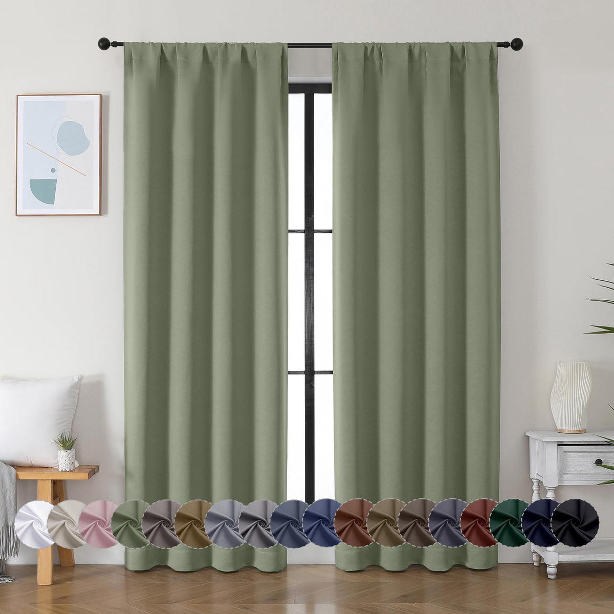 Sage Green Blackout Curtains, 72 Inch, 2 Panels Set C1027