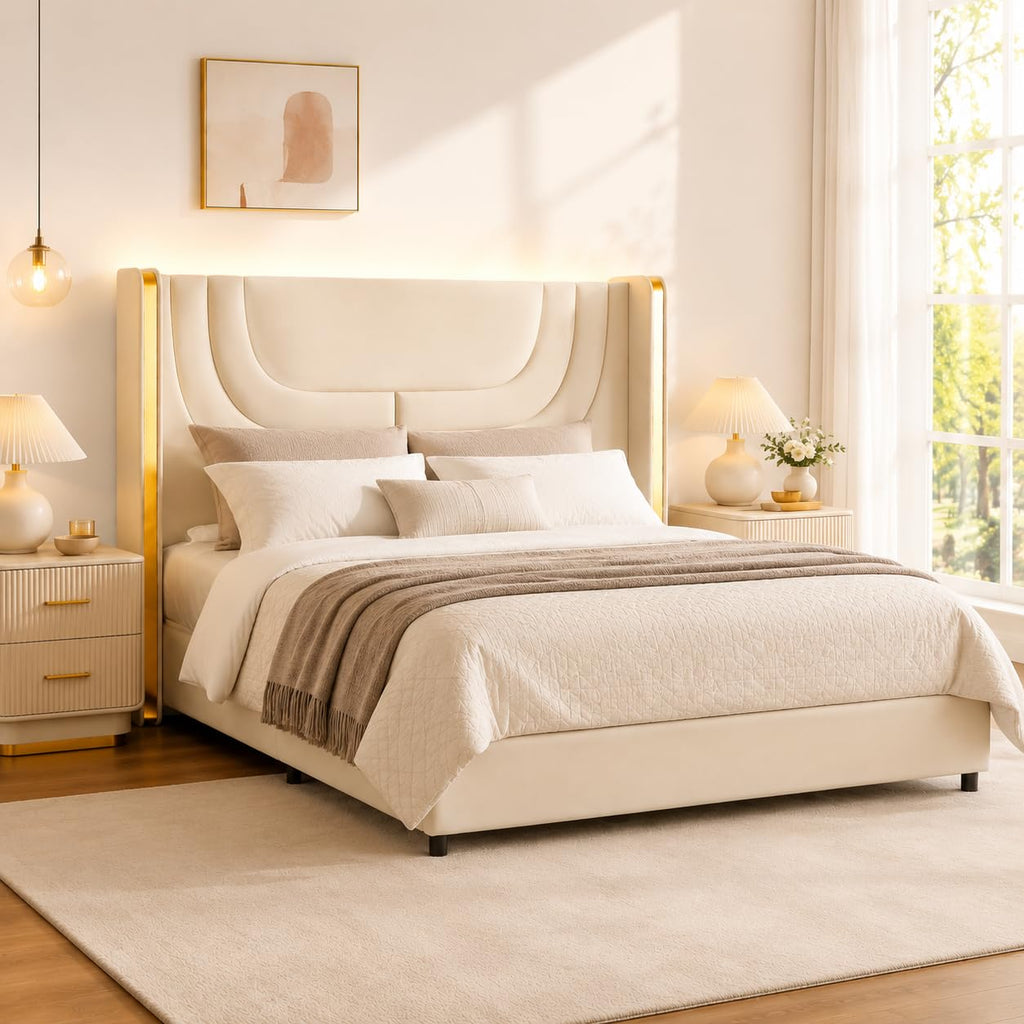 Full Size Bed Frame with LED Lights and Wingback Headboard G230562
