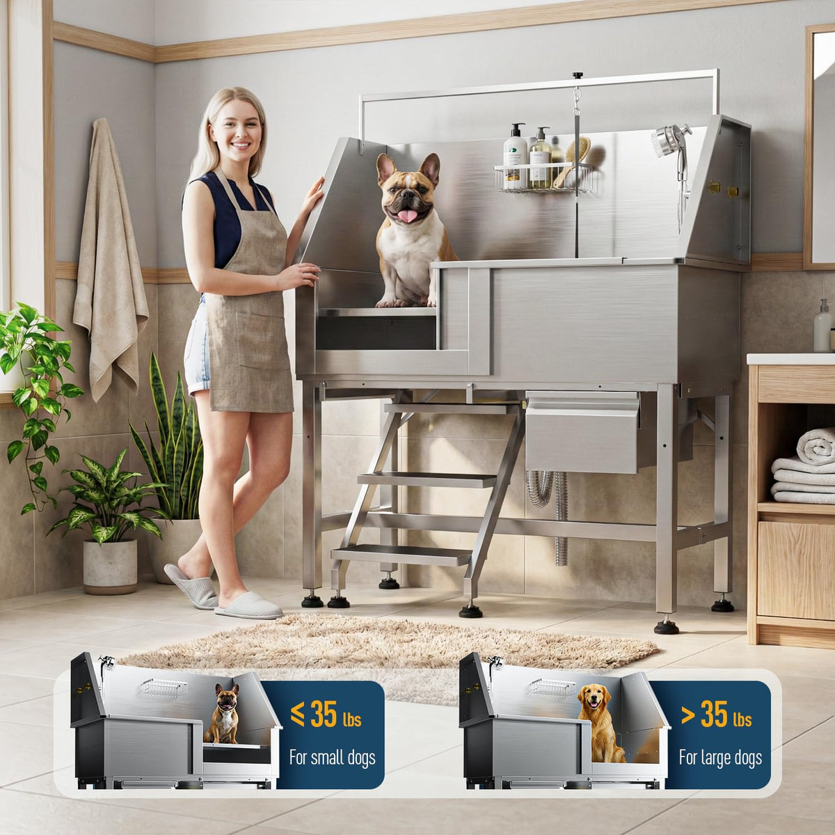 46" Stainless Steel Dog Washing Station with Removable Left Ramp & Storage Drawer Y664